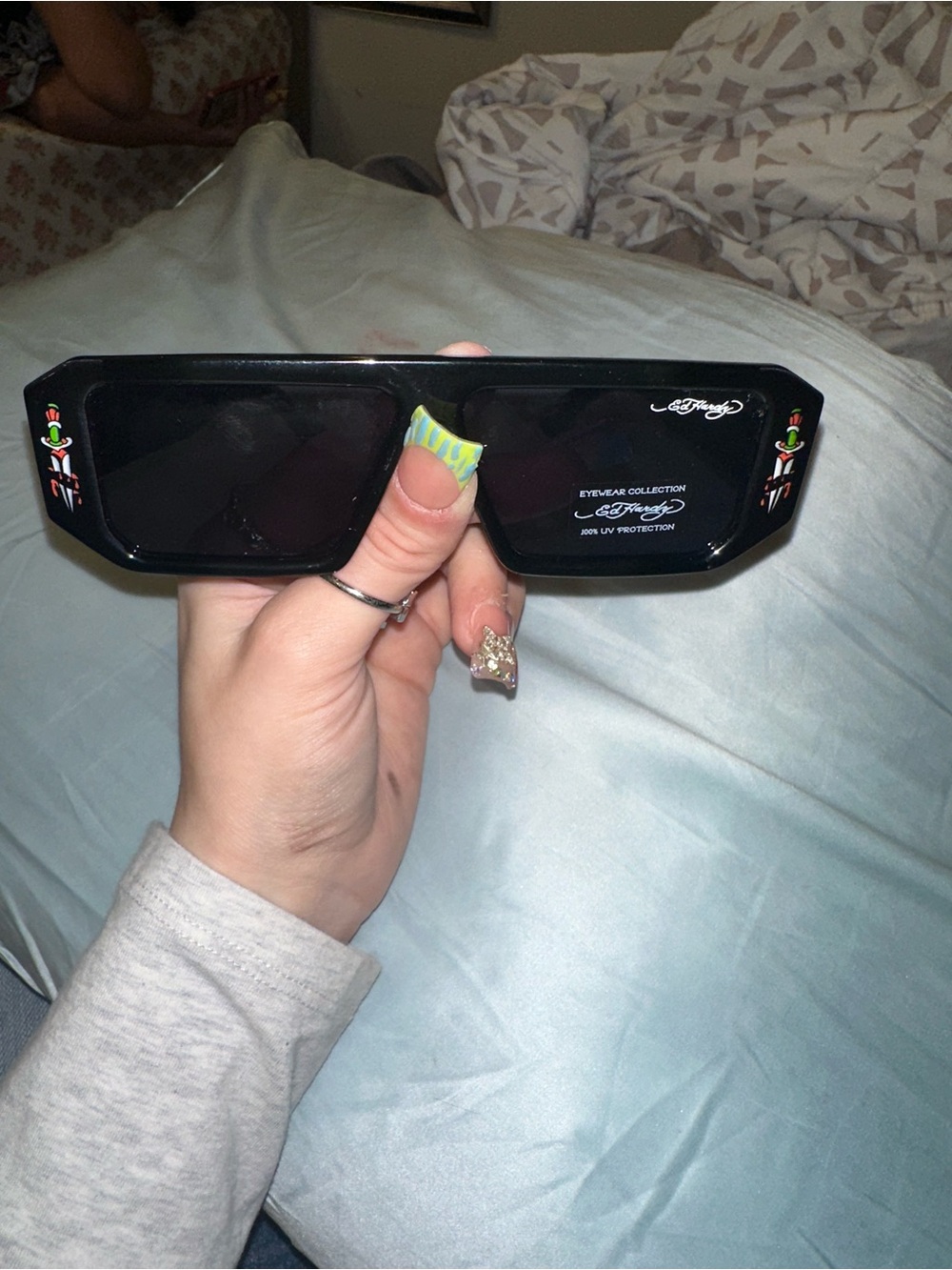 Ed Hardy Black Rectangular Sunglasses with Red and Green Temple Graphics